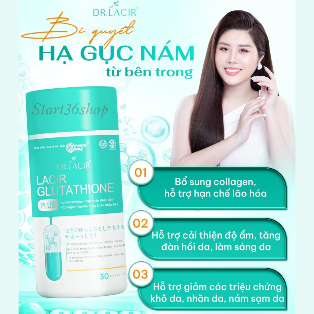 Viên uống trắng da Dr Lacir glutathione Plus, viên uống trắng da hủy nám, ngừa lão hóa, giảm nếp nhăn, hộp 30 viên