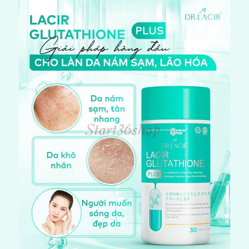 Viên uống trắng da Dr Lacir glutathione Plus, viên uống trắng da hủy nám, ngừa lão hóa, giảm nếp nhăn, hộp 30 viên