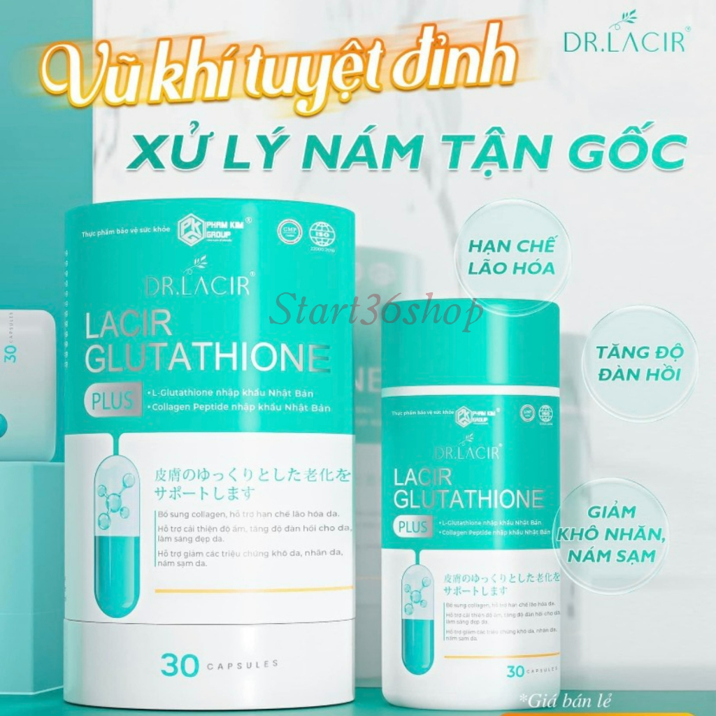 Viên uống trắng da Dr Lacir glutathione Plus, viên uống trắng da hủy nám, ngừa lão hóa, giảm nếp nhăn, hộp 30 viên