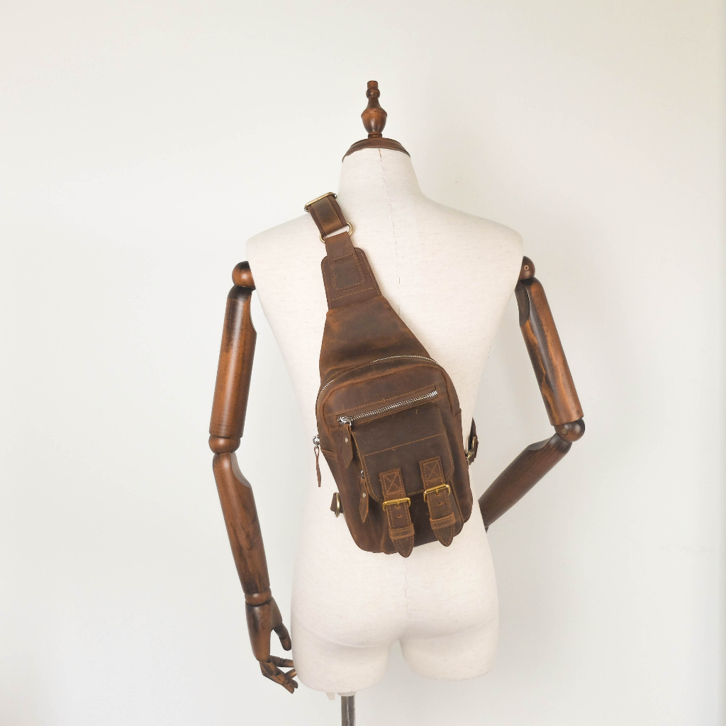 Túi đeo chéo da bò sáp phong cách Biker, màu nâu vàng bò - Manuk Leather Design - Da sáp ngựa điên Crazyhorse Leather