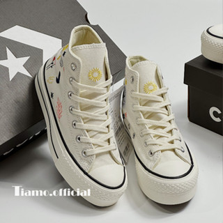 Giày Thể Thao Sneaker CVs Taylor All Star High Top Cao Cổ Màu Trắng Kem Hoạ Tiết Hoa Thêu Đế Cao Cho Nam Nữ