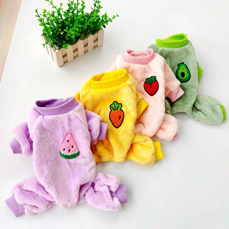 Áo 4 chân cho chó mèo chất liệu nhung tuyết mềm mịn kèm hình trái cây dễ thương