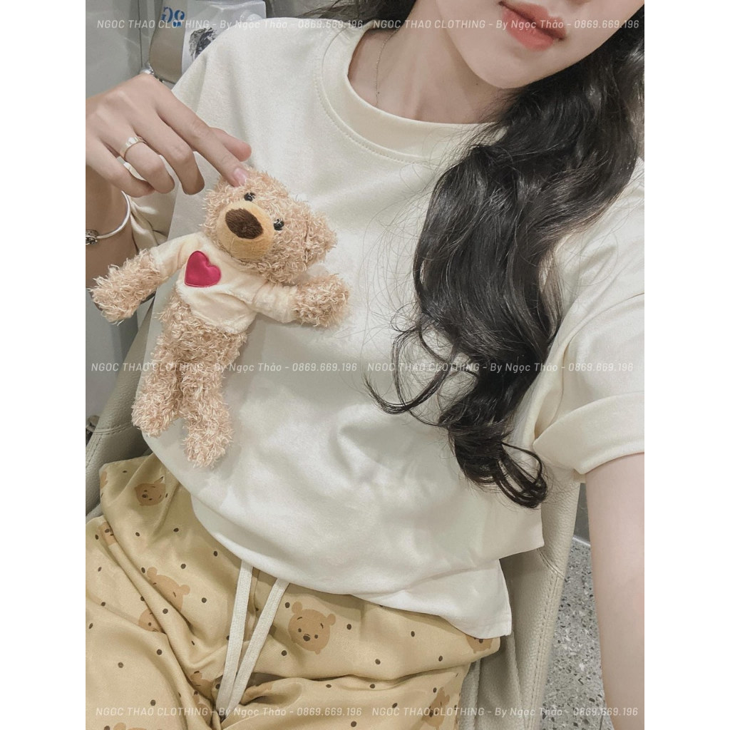 Set Bộ Đồ Nữ Áo Đính Gấu Chất Cotton Mịn Mix Quần Xuông In Vải Thô Mềm L1
