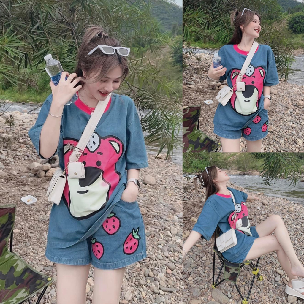 Set bộ đồ jeans nữ form rộng phối viền họa tiết gấu hồng xinh xắn cho các nàng teen