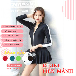 [M,L,XL] Đồ Bơi Dài Tay Chống Nắng Che Bụng Bikini Áo Tắm Liền Váy 1 Mảnh Phối Tay Viền Trắng Hàn Quốc Cực Đẹp LM014