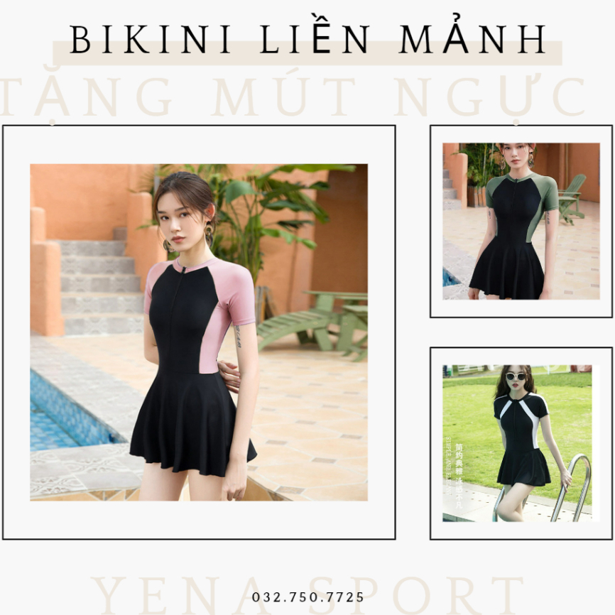 Bikini đi biển kín đáo 1 mảnh liền váy - Đồ bơi nữ tay dài liền thân có quần bên trong LM017