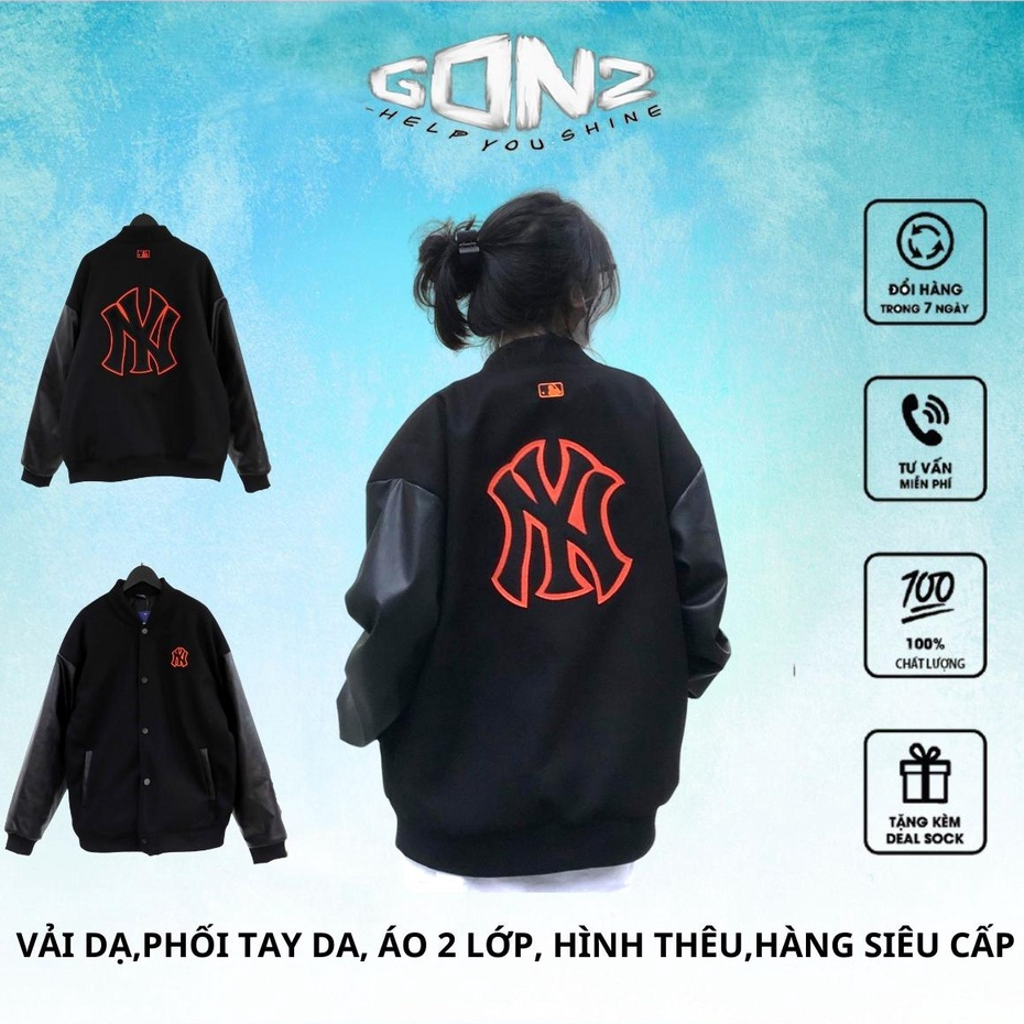 Áo Khoác Bomber Nam Nữ Phối Tay Da, Áo Varsity Jacket Bóng Chày NY Chất Dạ Cao Cấp