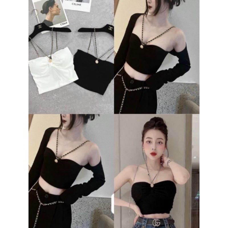 Áo Yếm Croptop có mút Dây Phối Xích Cúp Bo Tròn Mút Ngực hai màu đen trắng