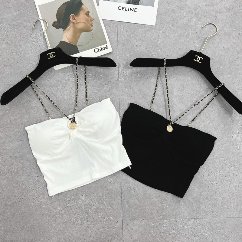 Áo Yếm Croptop có mút Dây Phối Xích Cúp Bo Tròn Mút Ngực hai màu đen trắng