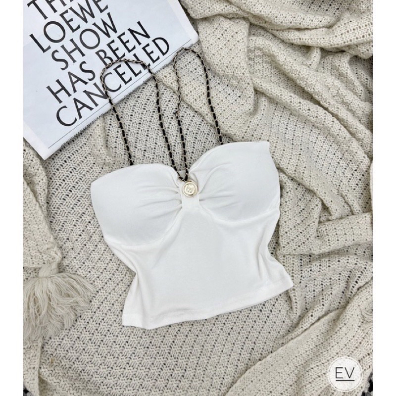 Áo Yếm Croptop có mút Dây Phối Xích Cúp Bo Tròn Mút Ngực hai màu đen trắng