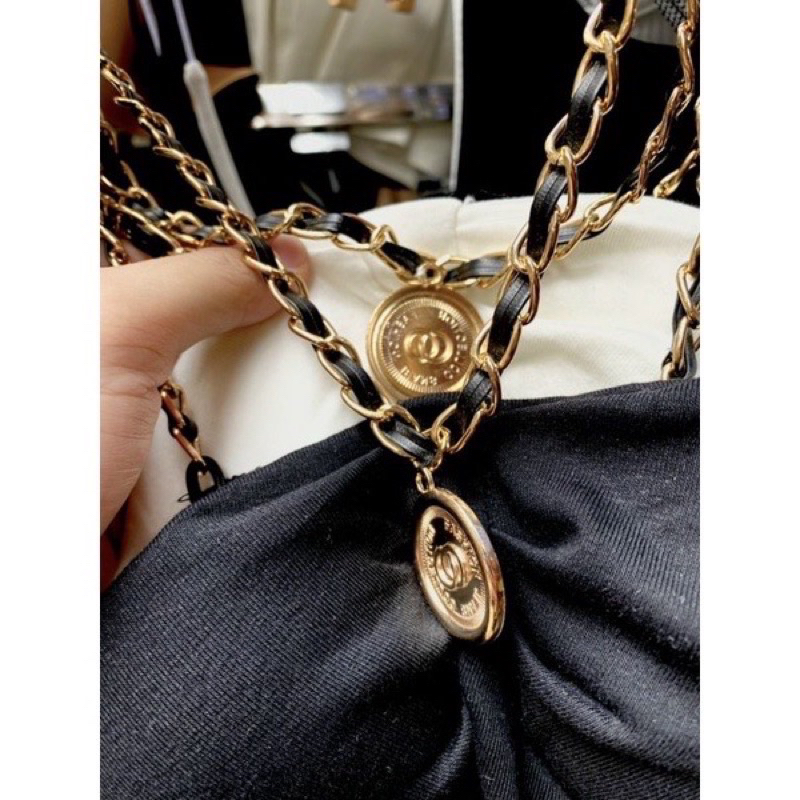 Áo Yếm Croptop có mút Dây Phối Xích Cúp Bo Tròn Mút Ngực hai màu đen trắng