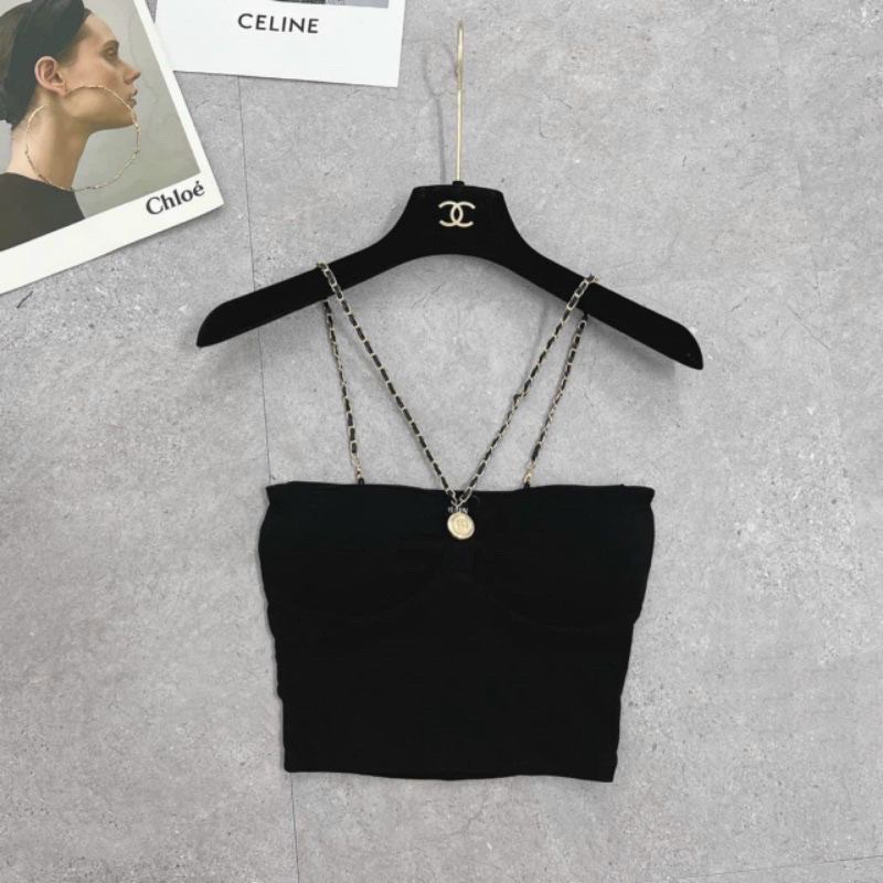 Áo Yếm Croptop có mút Dây Phối Xích Cúp Bo Tròn Mút Ngực hai màu đen trắng