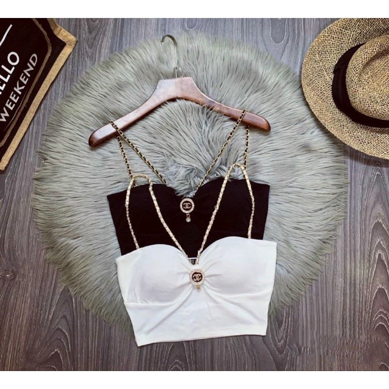 Áo Yếm Croptop có mút Dây Phối Xích Cúp Bo Tròn Mút Ngực hai màu đen trắng