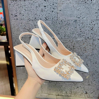 Giày sandal cao gót mũi nhọn hoa đá vuông gót tam giác 7p