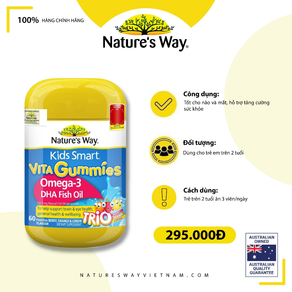 Kẹo dẻo Vi Chất Nature's Way Kids Smart Vita Gummies Omega-3 DHA Fish Oil tăng cường trí thông minh 60 viên