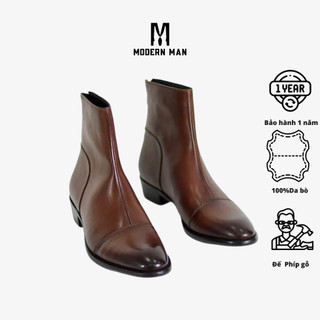 (Bốt Da Nam)Zip Boots Kéo Khóa Đế Phíp Gỗ Cao 4.5CM Da Bò Tấm - Bảo Hành 12 Tháng