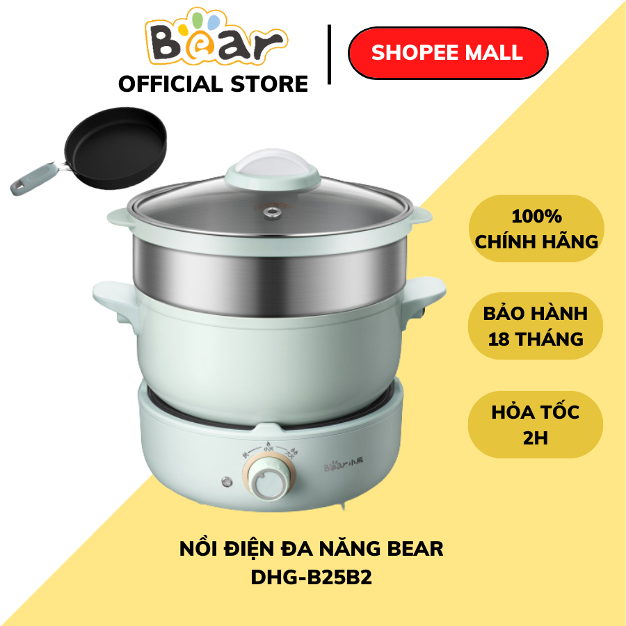 Nồi Nấu Lẩu Điện Mini Đa Năng 2.5L Bear DHG-B25B2(Kèm chảo), 3 tầng, Công suất 700W, hấp, lẩu, Chiên, Xào hầm , BH 18Th