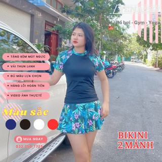 Bikini, Đồ Bơi Đi Biển Hai Mảnh Tay Dài Áo Dài Váy Xòe Họa Tiết đồ bơi học sinh nữ QP023