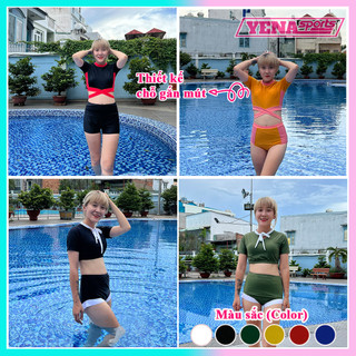 Bikini 2 mảnh phối màu đắp chéo bụng siêu xinh, kèm thắt nơ lưng xinh xắn quần đùi cạp cao che mỡ bụng QP005