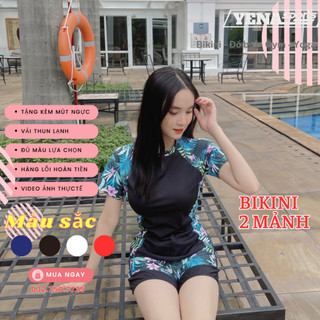 Bikini đi biển 2 mảnh quần đùi Đồ Bơi Đi Biển Hai Mảnh Áo Ngắn Tay Quần Đùi Họa Tiết Quần Short QP002