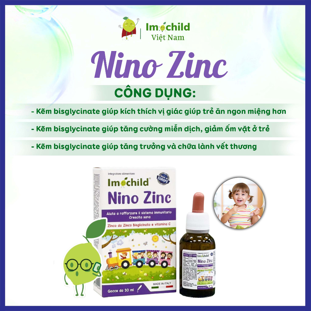 Kẽm Nhỏ Giọt Cho Trẻ Sơ Sinh Nino ZinC, Cải Thiện Biếng Ăn, Đề Kháng Khỏe - IMOCHILD Lọ 30ml