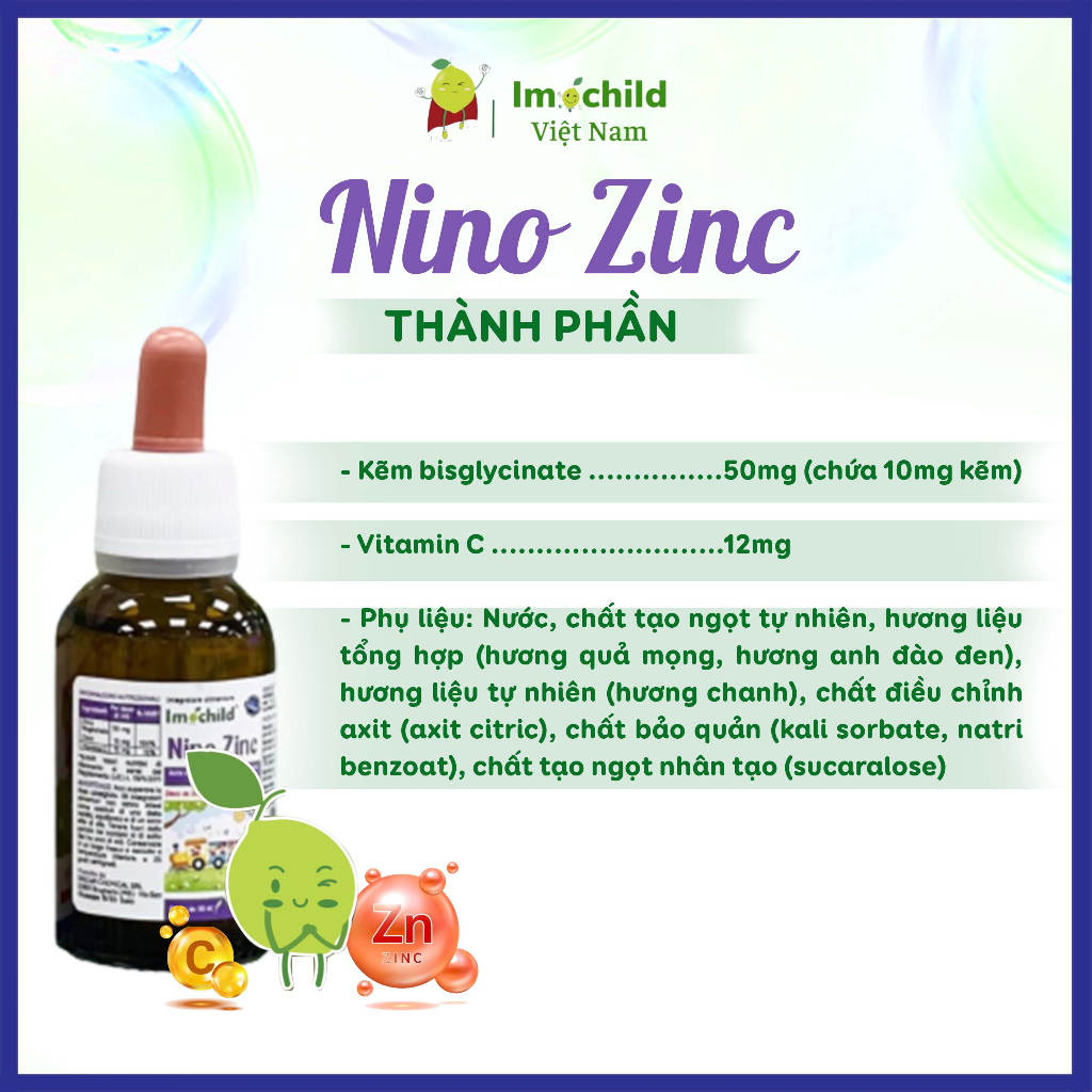 Kẽm Nhỏ Giọt Cho Trẻ Sơ Sinh Nino ZinC, Cải Thiện Biếng Ăn, Đề Kháng Khỏe - IMOCHILD Lọ 30ml