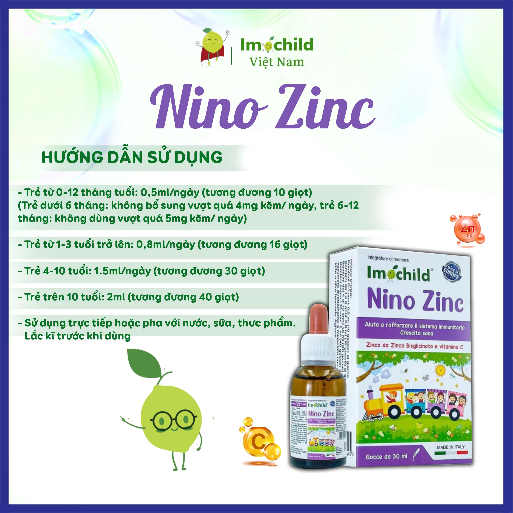 Kẽm Nhỏ Giọt Cho Trẻ Sơ Sinh Nino ZinC, Cải Thiện Biếng Ăn, Đề Kháng Khỏe - IMOCHILD Lọ 30ml