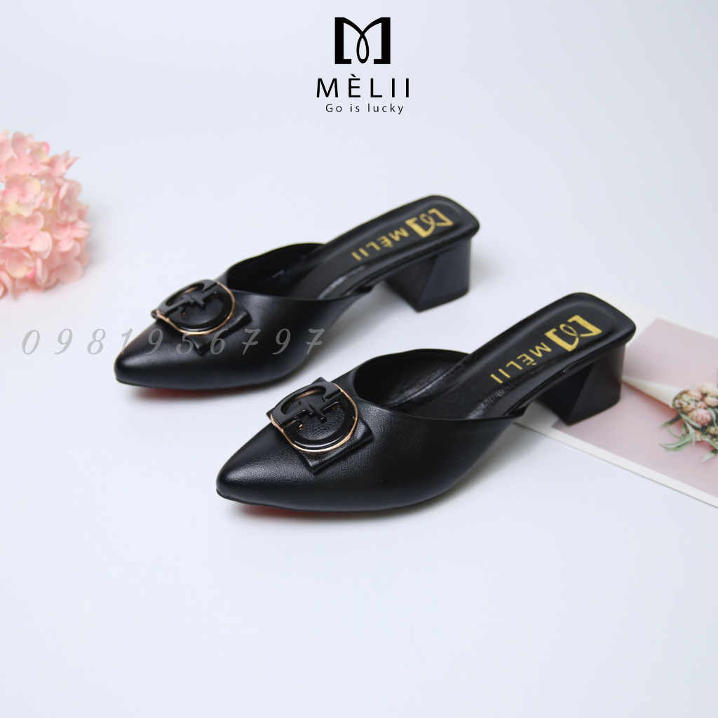 Giày hở gót bít mũi, nơ sang trọng cao 3 phân - Giày sục đính nơ da lì cao cấp có size ngoại cỡ