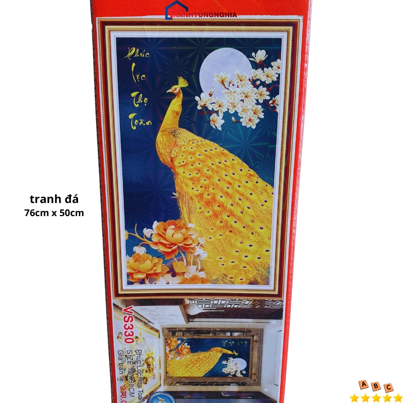 Tranh đính đá công phúc lộc thọ toàn 76cm x 50cm