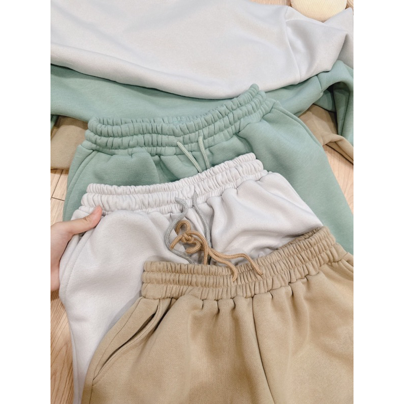 Bộ nỉ trơn áo dáng crotop 3 màu be nâu xanh cho nữ