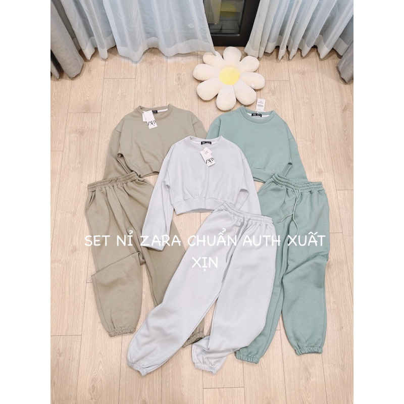 Bộ nỉ trơn áo dáng crotop 3 màu be nâu xanh cho nữ