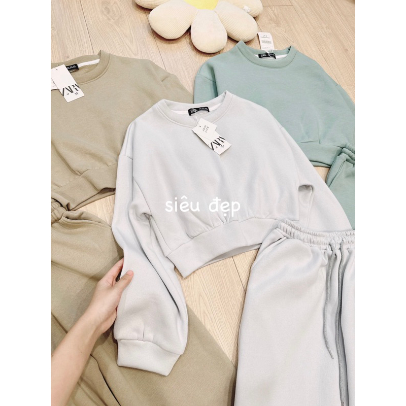 Bộ nỉ trơn áo dáng crotop 3 màu be nâu xanh cho nữ