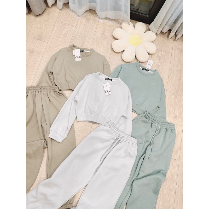 Bộ nỉ trơn áo dáng crotop 3 màu be nâu xanh cho nữ