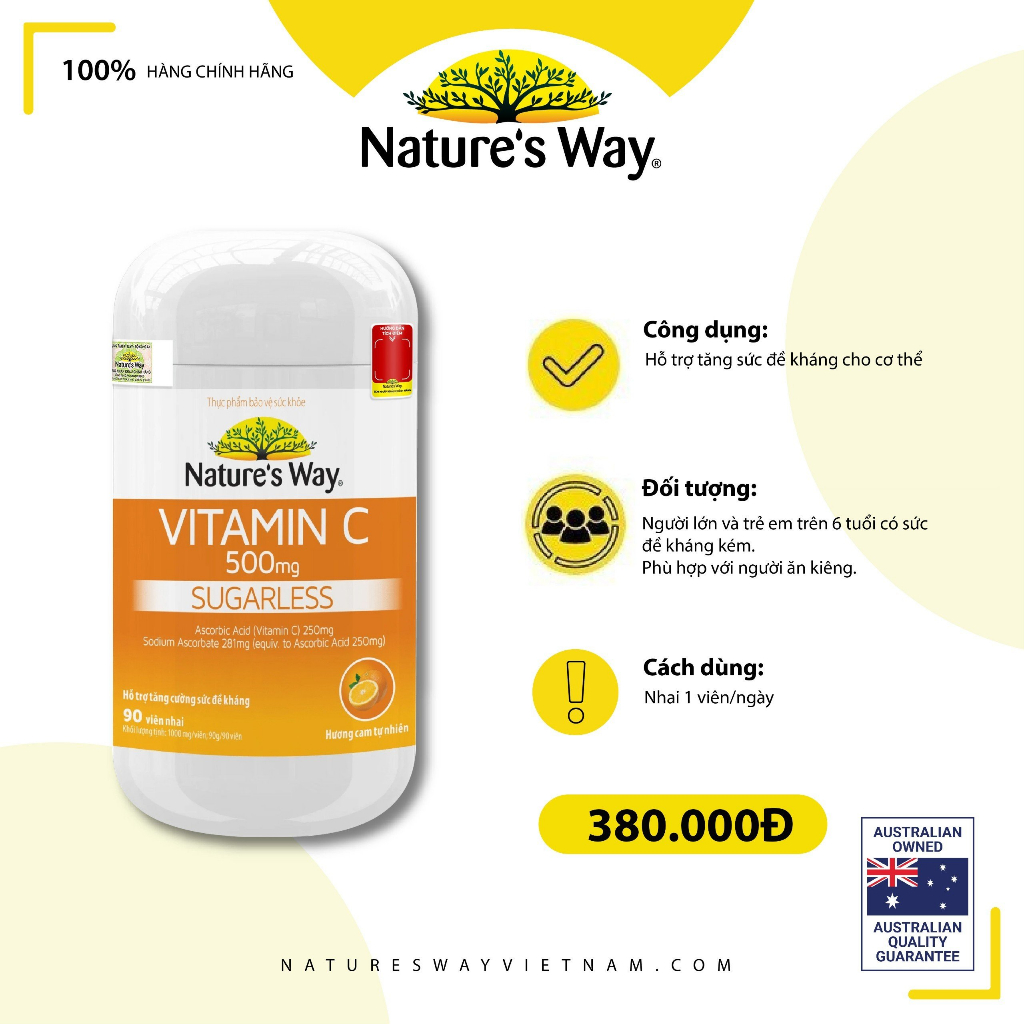 Viên Nhai Natures Way Vitamin C 500mg Sugarless Hỗ Trợ Tăng Cường Miễn Dịch - Hộp 90 Viên