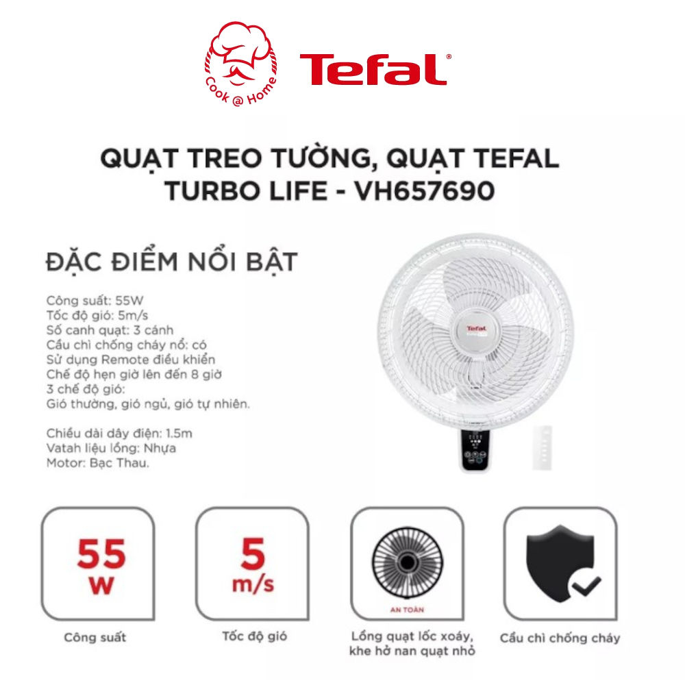 Quạt treo tường có điều khiển từ xa Tefal Turbo Silence VH677990/VH657690  công suất 80W/55W  - bảo hành 2 năm