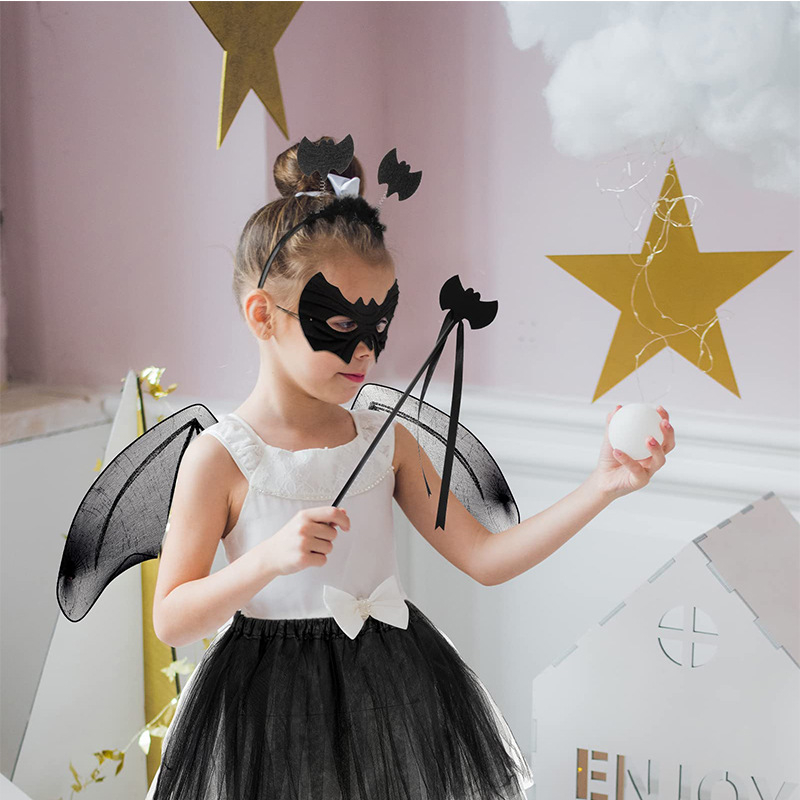 Bộ Váy Xòe Cánh Dơi Đen 4 Chi Tiết Cho Bé Hóa Trang Halloween, Trung Thu, Tiệc Sinh Nhật, Biểu Diễn