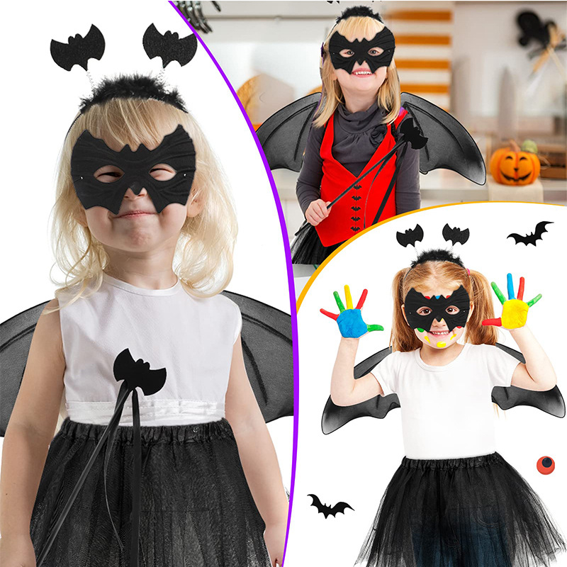Bộ Váy Xòe Cánh Dơi Đen 4 Chi Tiết Cho Bé Hóa Trang Halloween, Trung Thu, Tiệc Sinh Nhật, Biểu Diễn
