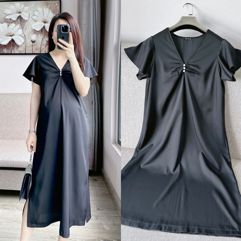 Váy bầu lụa đen cổ V ngọc