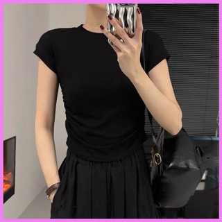Áo croptop nữ ngắn tay ranshi phối nhún hai bên hông siêu xinh crt cổ tròn form basic dễ phối đồ - ra172