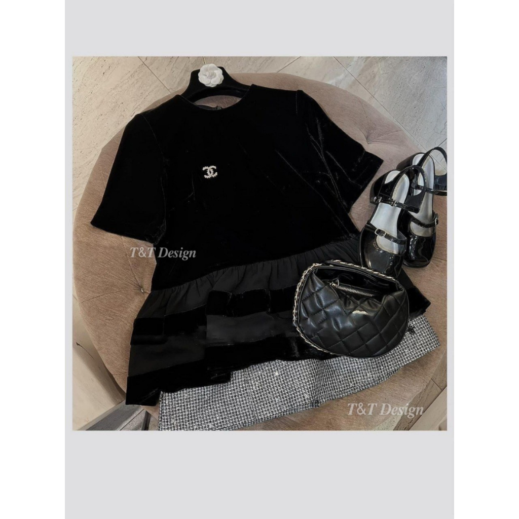 Set đồ nữ áo nhung kèm chân váy kim sa dáng ngắn, Set đồ nữ đi chơi áo cộc tay babydoll kèm chân váy chữ S cao cấp LOẠI1