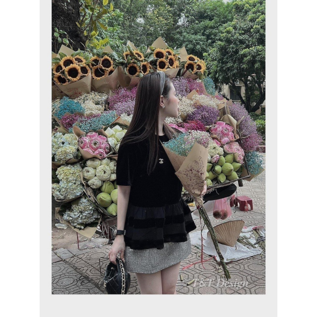 Set đồ nữ áo nhung kèm chân váy kim sa dáng ngắn, Set đồ nữ đi chơi áo cộc tay babydoll kèm chân váy chữ S cao cấp LOẠI1