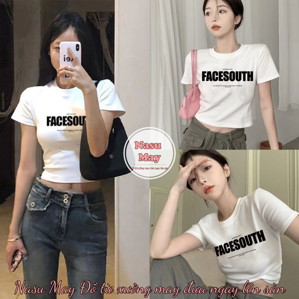 Áo croptop facesouth màu trắng nữ tay ngắn