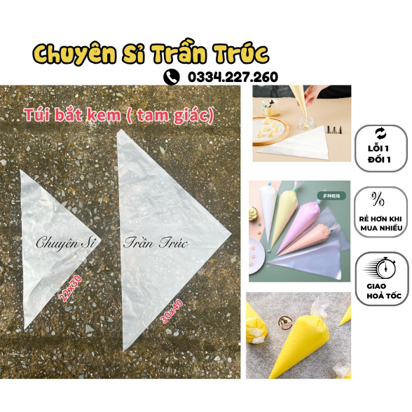 200gram túi nilon bắt kem, túi tam giác, túi nhựa bắt bông kem dùng 1 lần size 20x30, size 30x40