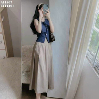 [9.9 Sales Freeship] Set thời trang nữ vintage,set áo sơ mi jean sát nách phối nút mix chân váy màu nâu dài qua gối dx