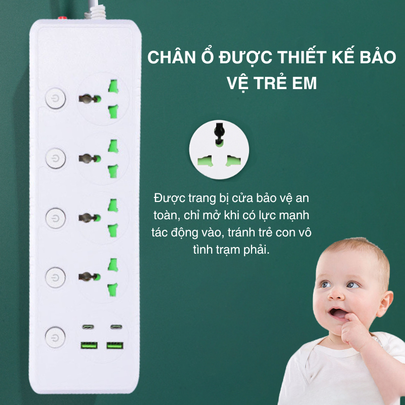 Ổ cắm điện đa năng JIASHI có 2-7 lỗ cắm trọng tải 3000W, sạc nhanh cho điện thoại, an toàn cho trẻ em - OCD03