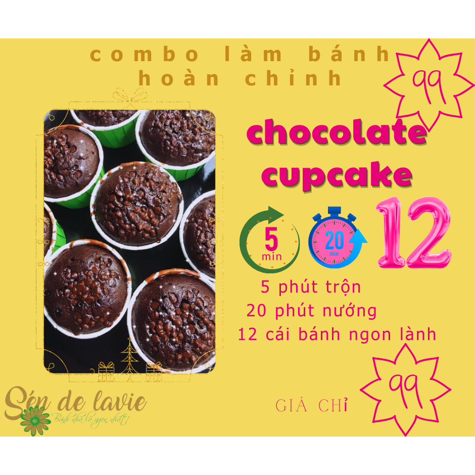 Combo Bánh Chocolate Cupcake gồm Bột trộn sẵn, nguyên liệu và vật dụng làm Bánh Chocolate Cupcake - Sén de Lavie