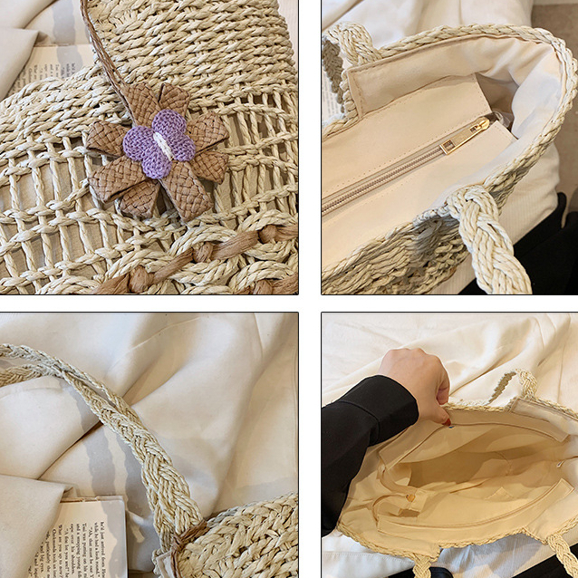 Túi cói to đeo vai đính hoa