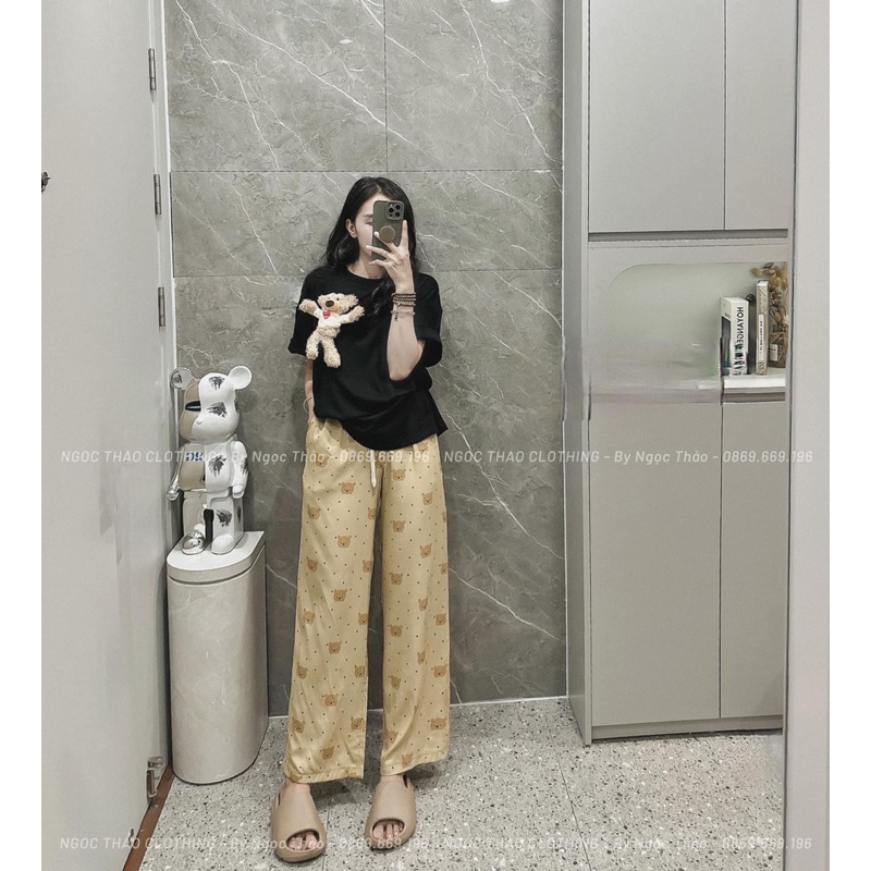 SET BỘ ÁO TRƠN ĐÍNH GẤU MIX QUẦN SUÔNG 2 MÀU