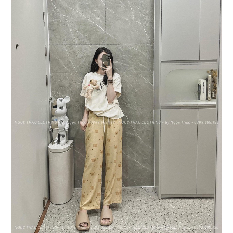 SET BỘ ÁO TRƠN ĐÍNH GẤU MIX QUẦN SUÔNG 2 MÀU