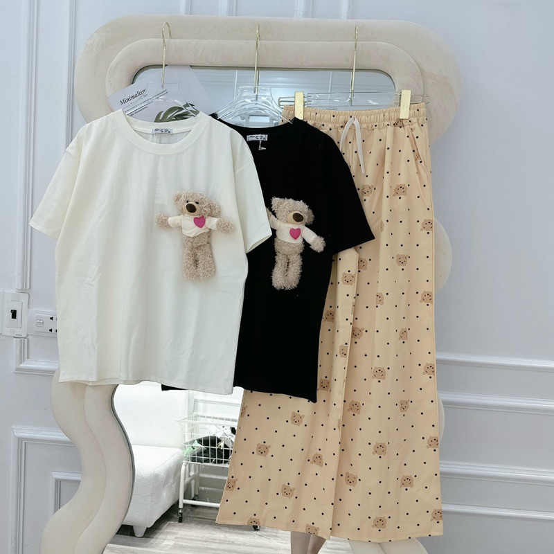 SET BỘ ÁO TRƠN ĐÍNH GẤU MIX QUẦN SUÔNG 2 MÀU